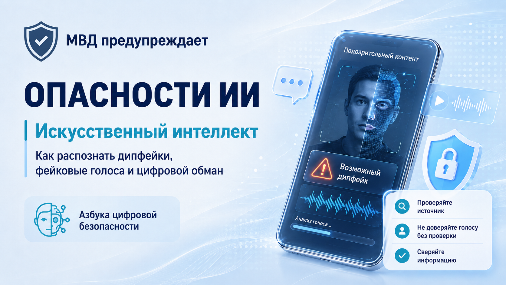 Обложка на светло-голубом фоне в стиле кибербезопасности: слева логотип-щит и надпись “МВД предупреждает”, крупный заголовок “Опасности ИИ” и подзаголовок “Искусственный интеллект. Как распознать дипфейки, фейковые голоса и цифровой обман”. Справа изображ